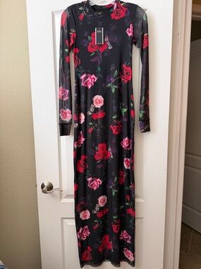 AFRM Black Maxi Dress with Red & Pink Rose Print NWT!